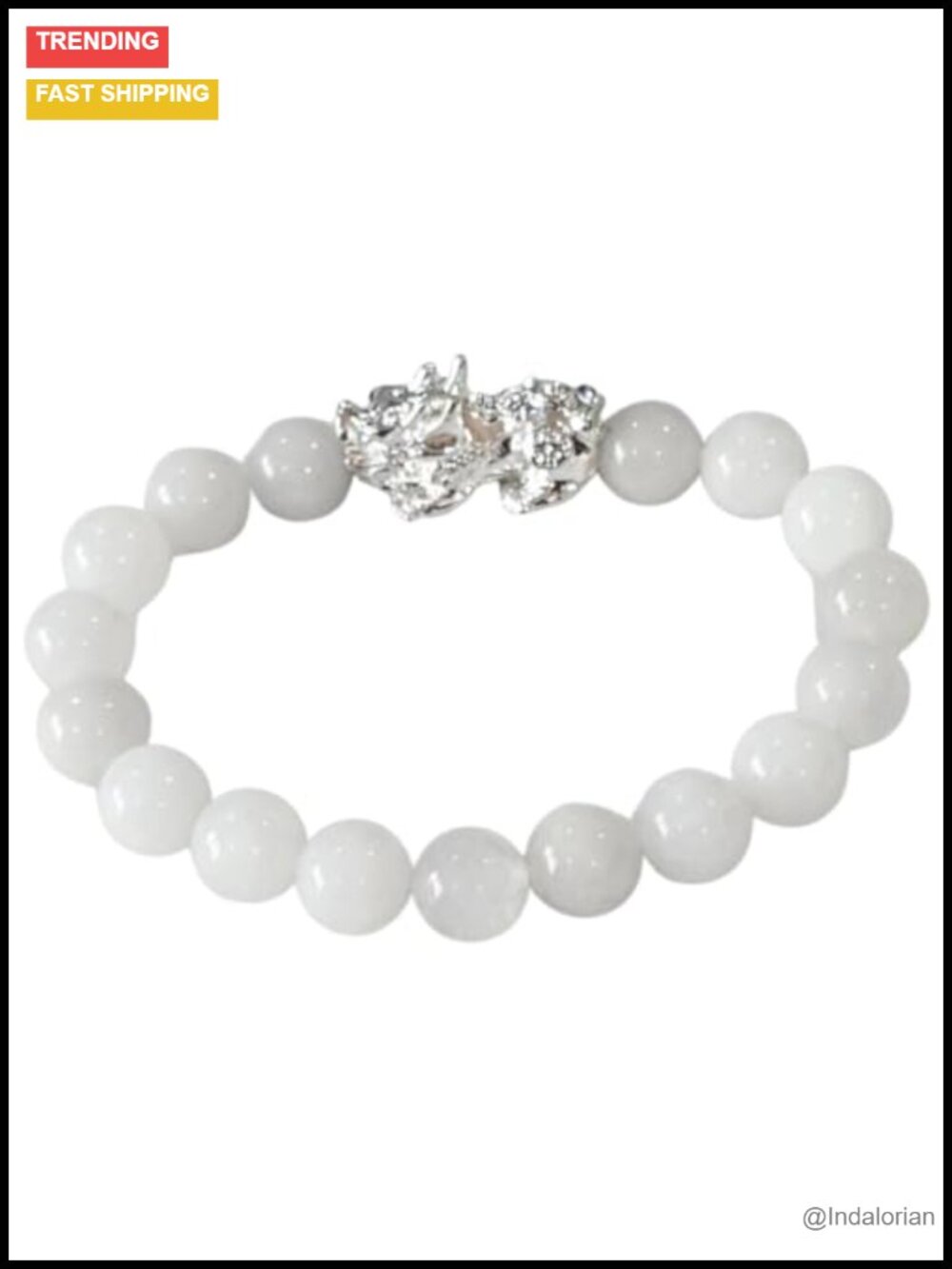 White Jade Stretch Bracelet with Silver Dragon Charm, Natural Gemstone,